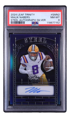 Malik Nabers Signed 2024 Leaf Trinity #S-MN2 Giants Rookie Card 4/10 PSA NM-MT 8