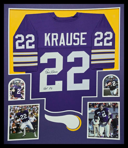 FRAMED MINNESOTA VIKINGS PAUL KRAUSE AUTOGRAPHED SIGNED JERSEY JSA COA