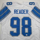 Autographed/Signed D.J. DJ Reader Detroit White Football Jersey Beckett BAS COA