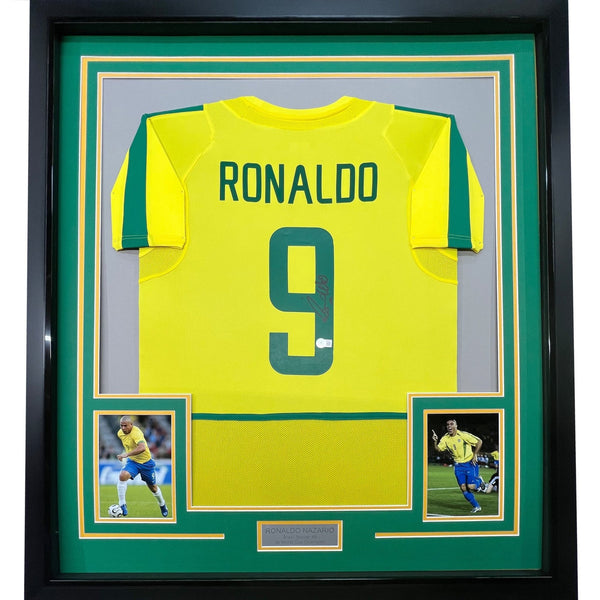 Framed Autographed/Signed Ronaldo Nazario 35x39 Brazil Yellow Jersey COA
