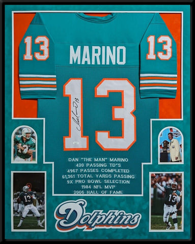 FRAMED IN SUEDE MIAMI DOLPHINS DAN MARINO AUTOGRAPHED SIGNED STAT JERSEY JSA COA
