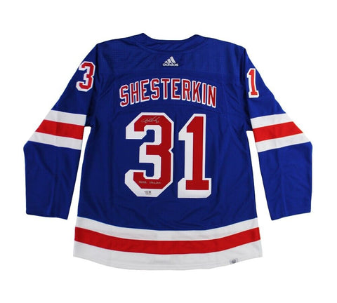 Igor Shesterkin Signed New York Rangers Adidas Blue NHL Jersey with "2022 Vezina