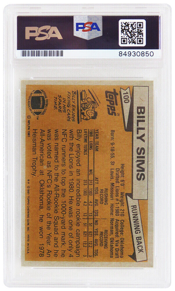 Billy Sims Signed Lions 1981 Topps Rookie Card #100 w/80 ROY - (PSA Sl ...