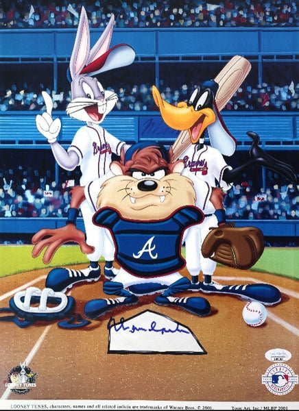 Warren Spahn Autographed Looney Tunes Braves Colored Photo Print | JSA COA