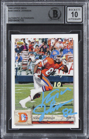 Broncos Vance Johnson Signed 1992 Upper Deck #258 Card Auto 10! BAS Slabbed