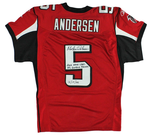 Morten Andersen Signed Atlanta Falcons Game Used Red Reebox Jersey with Insc