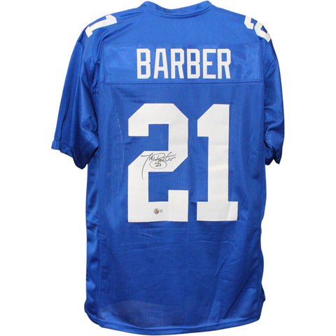 Tiki Barber Autographed/Signed Pro Style Blue XL Jersey Beckett Witness 51843