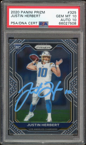 2020 Panini Prizm #325 Justin Herbert RC Rookie PSA 10/10 Auto GEM MINT Chargers
