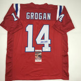 Autographed/Signed STEVE GROGAN New England Red Football Jersey JSA COA Auto