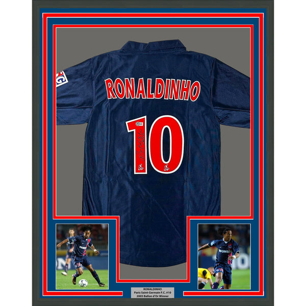Framed Autographed/Signed Ronaldinho 33x42 PSG PG Blue Jersey BAS COA