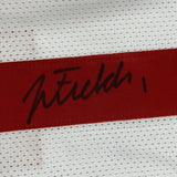 Autographed/Signed JUSTIN FIELDS Ohio State White Jersey Beckett BAS COA