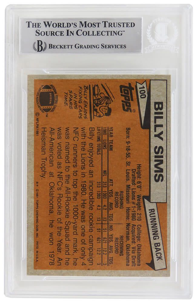 Billy Sims Signed Lions 1981 Topps Rookie Card #100 w/80 ROY - (Becket ...