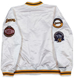 Lakers Magic Johnson Signed White M&N HWC Bomber Jacket w/ Patches BAS Witness