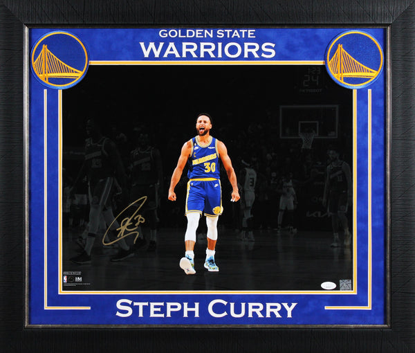 Warriors Stephen Curry Signed 16x20 Horizontal Spotlight Framed Photo JSA 2