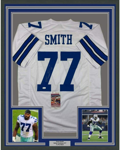 Framed Autographed/Signed Tyron Smith 33x42 Dallas White Football Jersey JSA COA
