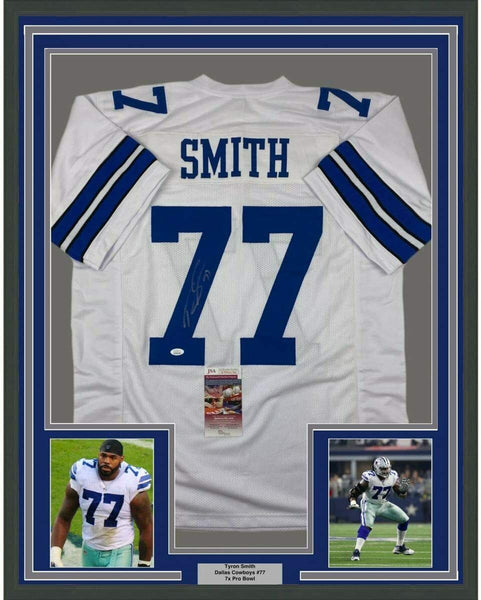 Framed Autographed/Signed Tyron Smith 33x42 Dallas White Football Jersey JSA COA