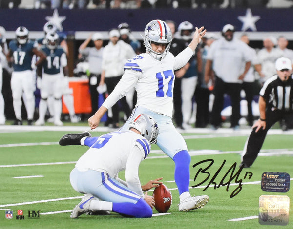 Brandon Aubrey Autographed Dallas Cowboys 8x10 Kick Photo - Prova *Black