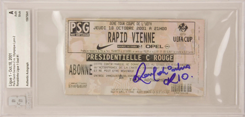 Ronaldinho Signed 2001 PSG First Ligue 1 Goal Match Ticket - BGS Authentic