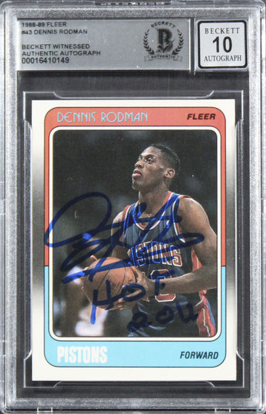 Pistons Dennis Rodman "HOF 11" Signed 1988 Fleer #43 Card Auto 10! BAS Slabbed