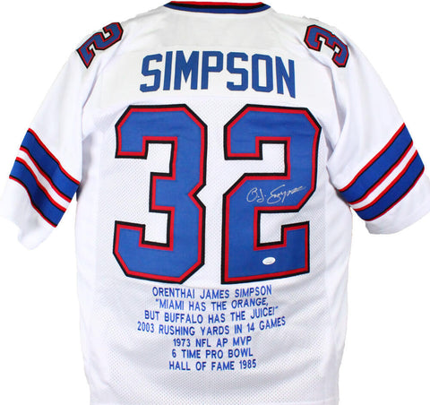 OJ Simpson Autographed White Pro Style STAT Jersey- JSA W *Silver