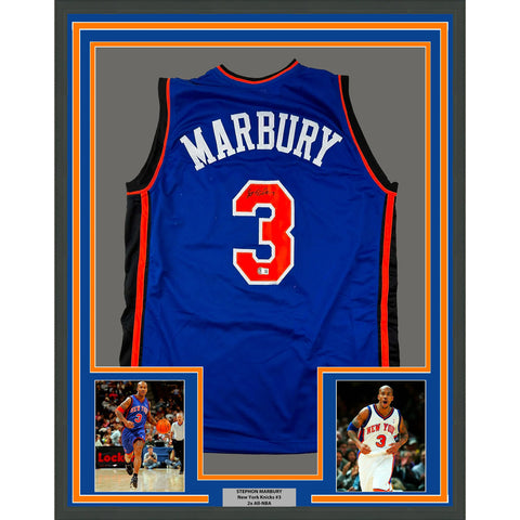 Framed Autographed/Signed Stephon Marbury 33x42 New York Blue Jersey BAS COA