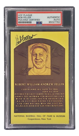 Bob Feller Signed 4x6 Cleveland Hall Of Fame Plaque Card PSA/DNA 85027782
