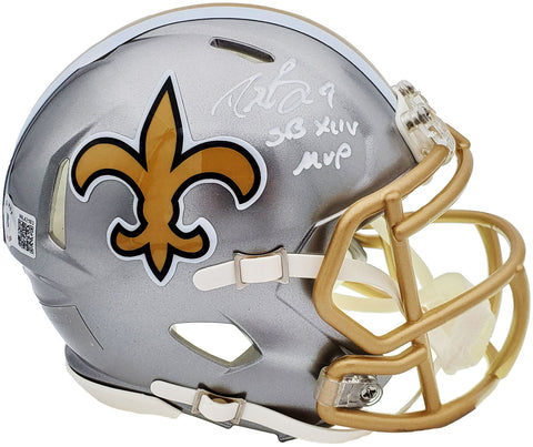 DREW BREES AUTOGRAPHED SAINTS FLASH SILVER SPEED MINI HELMET SB XLIV MVP BECKETT