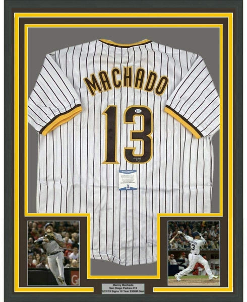 FRAMED Signed MANNY MACHADO 35x39 San Diego Pinstripe Jersey COA