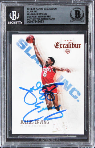 76ers Julius Erving Signed 2014 Panini Excalibur Slam Inc. #8 Card BAS Slabbed