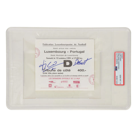 Luis Figo Signed 1991 Portugal Pro Debut Match Ticket Inscribed - PSA 10 Auto