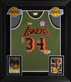 Lakers Shaquille O'Neal Signed Green M&N 96-97 HWC Swingman Framed Jersey BAS W