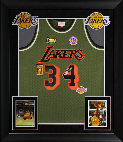 Lakers Shaquille O'Neal Signed Green M&N 96-97 HWC Swingman Framed Jersey BAS W