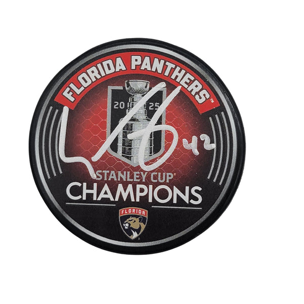 Gustav Forsling Autographed Florida Panthers 2025 Stanley Cup Champions Puck JSA