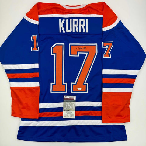 Autographed/Signed Jari Kurri Edmonton Blue Hockey Jersey JSA COA