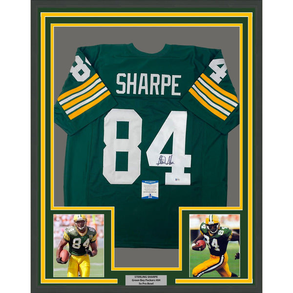 Framed Autographed/Signed Sterling Sharpe 35x39 Green Bay Green Jersey COA