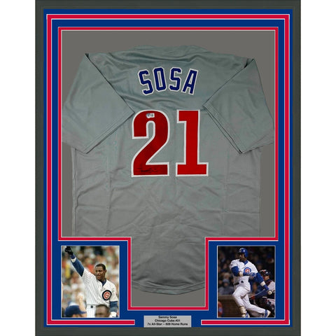 Framed Autographed/Signed Sammy Sosa 33x42 Chicago Grey Baseball Jersey BAS COA