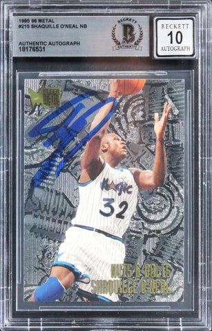 Magic Shaquille O'Neal Signed 1995 Metal #215 Card Auto Graded 10! BAS Slabbed