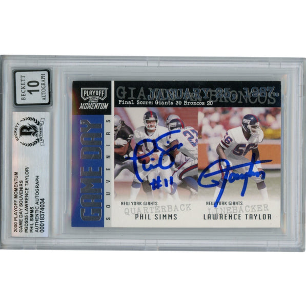 Lawrence Taylor Phil Simms Signed 2000 Playoff Trading Card Slab Beckett 53177