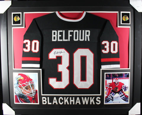 ED BELFOUR (Blackhawks black SKYLINE) Signed Autographed Framed Jersey JSA