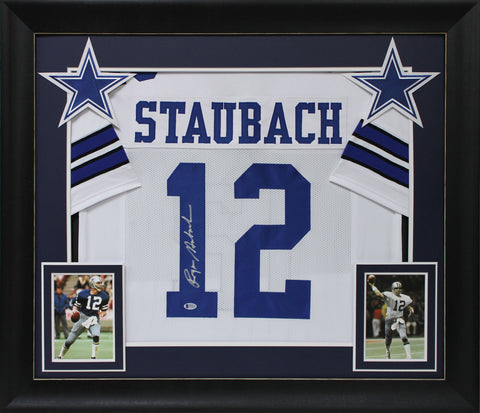 Roger Staubach Authentic Signed White Pro Style Framed Jersey BAS Witnessed