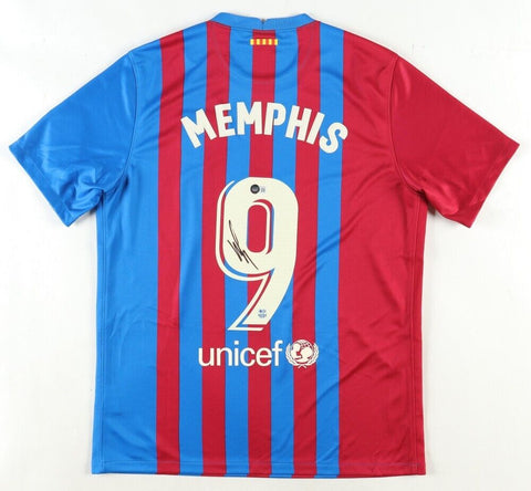 Memphis Depay Signed Barcelona F.C. Nike Home Jersey (Beckett) 123 Career Goals