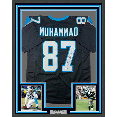 Framed Autographed/Signed Muhsin Muhammad 33x42 Carolina Black Jersey BAS COA