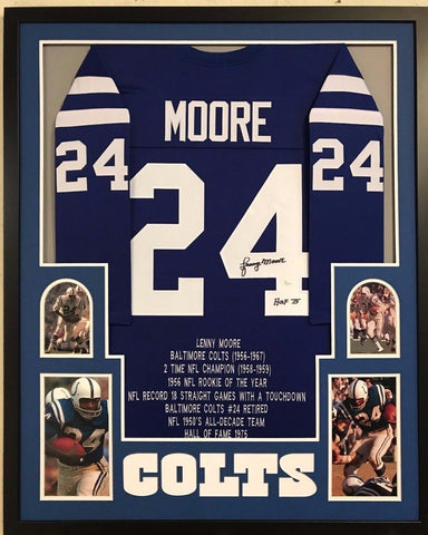 FRAMED LENNY MOORE AUTOGRAPHED SIGNED INSC BALTIMORE COLTS STAT JERSEY JSA COA