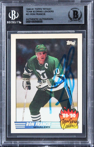 Whalers Ron Francis Signed 1990 Topps Tiffany Team SL #21 Card BAS Slabbed