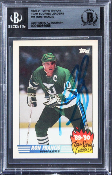 Whalers Ron Francis Signed 1990 Topps Tiffany Team SL #21 Card BAS Slabbed