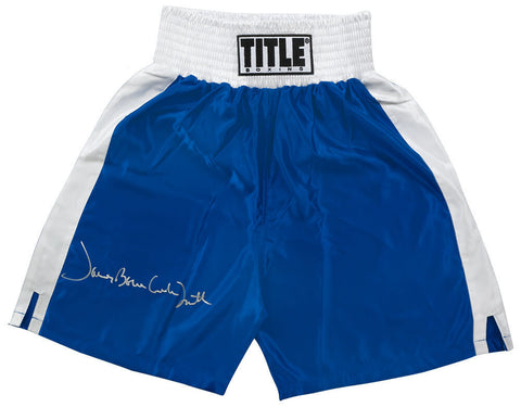 James 'Bonecrusher' Smith Signed Title Blue - White Trim Boxing Trunks (SS COA)