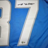 Framed Autographed/Signed Sam LaPorta 35x39 Detroit Blue Football Jersey BAS COA