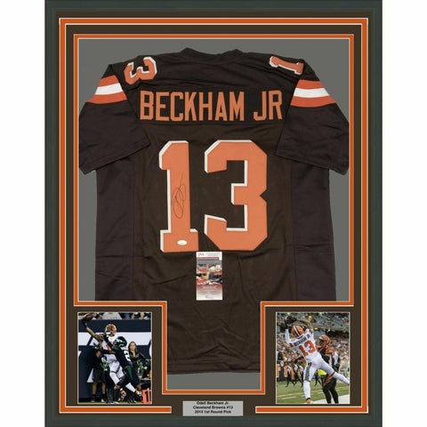 FRAMED Autographed/Signed ODELL BECKHAM JR 33x42 Cleveland Brown Jersey JSA COA