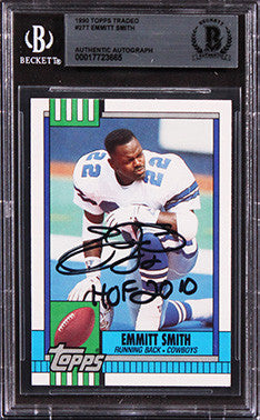 Cowboys Emmitt Smith "HOF 2010" Signed 1990 Topps Traded #27T RC Card BAS Slab