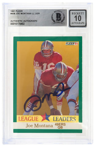 Joe Montana Signed 49ers 1991 Fleer Football Trading Card #408 (Beckett Auto 10)